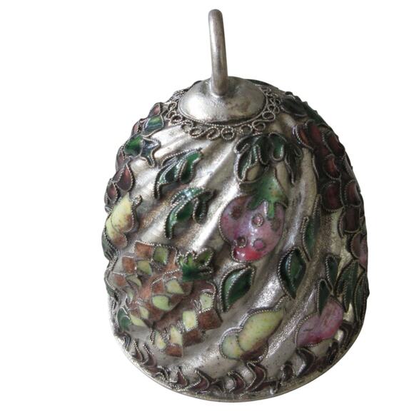 Vintage 80s Cloisonne Bird & Fruit Domed Enamel Silver Tone Bell Cottage 4" - Picture 3 of 6